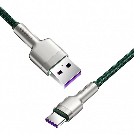 Кабель Type-C - USB для зарядки 1 м 5А 40W плетеный Baseus Cafule Metal Data (быстрая зарядка Huawei, QC) зелено-серебристый