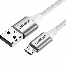 Кабель USB - MicroUSB для зарядки 1,5 м 2А 18W плетеный Ugreen US290 (быстрая зарядка QC 3.0) белый