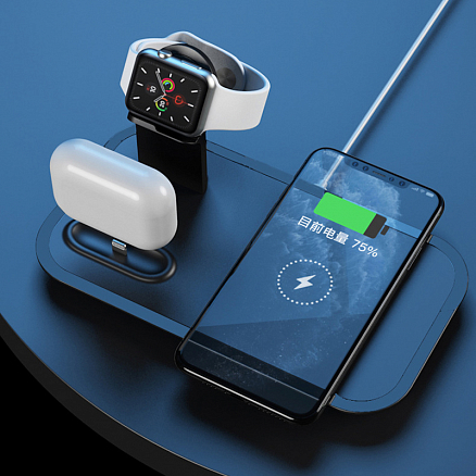 Беспроводная зарядка 3-в-1 для телефона, Apple Watch и AirPods 10W c двумя USB портами SeenDa WS14 черная