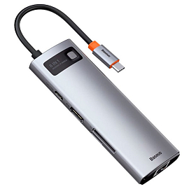 Хаб (разветвитель) Type-C - 3 х USB 3.0, HDMI 4K, RJ45, SD, microSD Baseus Metal Gleam серый