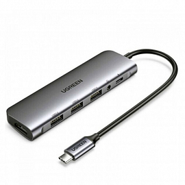 Хаб (разветвитель) Type-C - HDMI 4K 60Hz, 3 х USB 3.0, 3,5 мм, Type-C PD 100W Ugreen CM136 серый