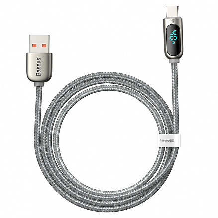 Кабель Type-C - USB 2.0 для зарядки 1 м 5А 40W с дисплеем плетеный Baseus Display (быстрая зарядка Huawei, QC) серебристый