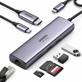 Хаб (разветвитель) Type-C - HDMI 4K 60Hz, 2 х USB 3.0, Gigabit Ethernet, Type-C PD 100W с картридером SD и MicroSD Ugreen CM512 серый