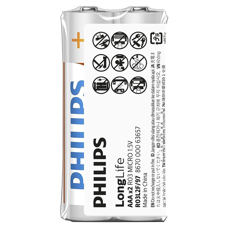 Батарейка LR03 (пальчиковая маленькая AAA) Philips Longlife Zinc R03L2F/97 упаковка 2 шт.