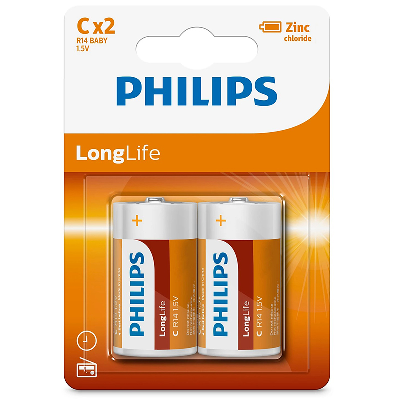 Батарейка LR14 (бочка маленькая C) Philips Longlife Zinc R14L2B/97 упаковка 2 шт.