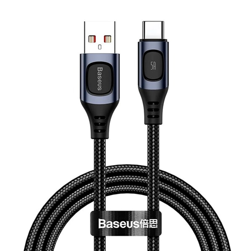 

Кабель Type-C - USB для зарядки 1 м 5A плетеный Baseus Flash (быстрая зарядка PD) черно-серый