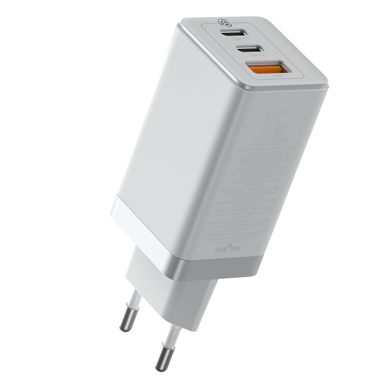 

Зарядное устройство сетевое с USB и двумя Type-C входами и Type-C кабелем 5А 65W Baseus GaN2 Pro (быстрая зарядка QC 4.0, 3.0, PD) белое