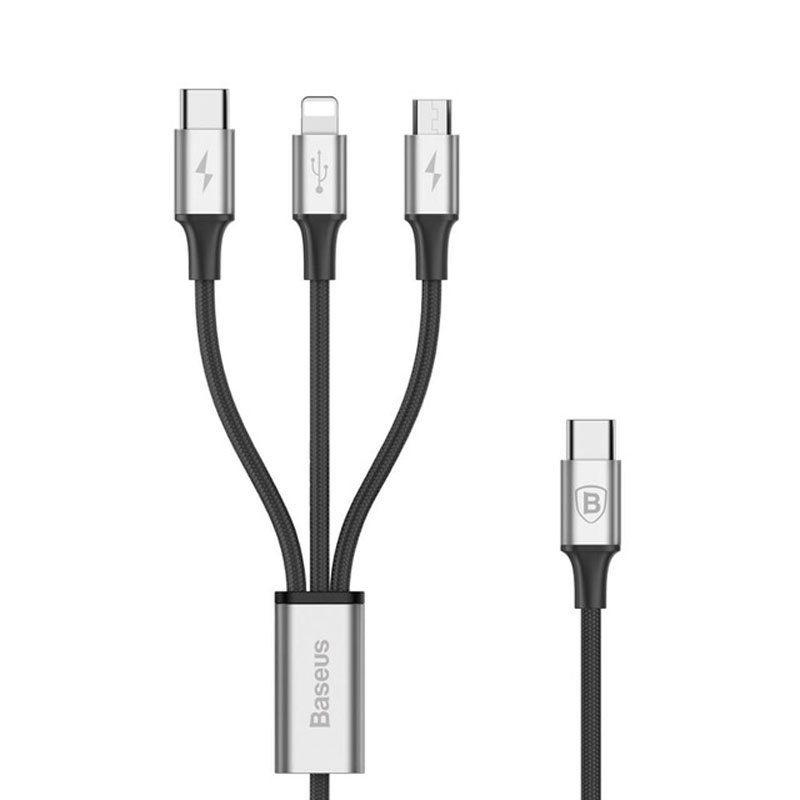 

Кабель Type-C - MicroUSB, Lightning, Type-C 1,2 м 3A плетеный Baseus Rapid черно-серебристый