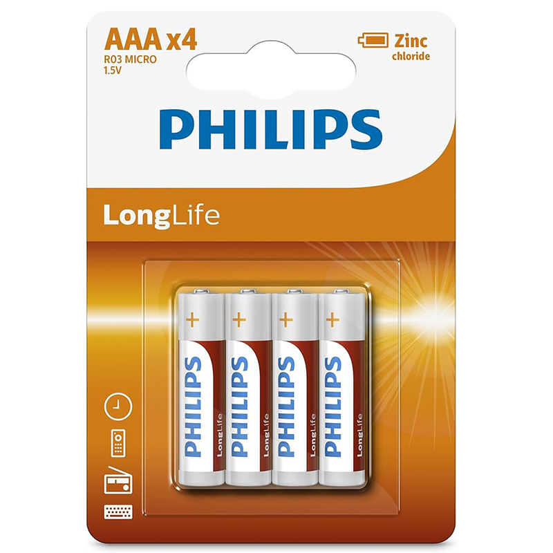 Батарейка LR03 (пальчиковая маленькая AAA) Philips Longlife Zinc R03L4B/97 упаковка 4 шт.