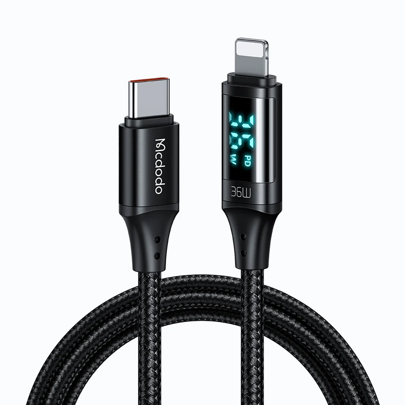 Кабель Type-C - Lightning для зарядки 1,2 м 3А 36W с дисплеем плетеный McDodo CA-1030 (быстрая зарядка PD) черный
