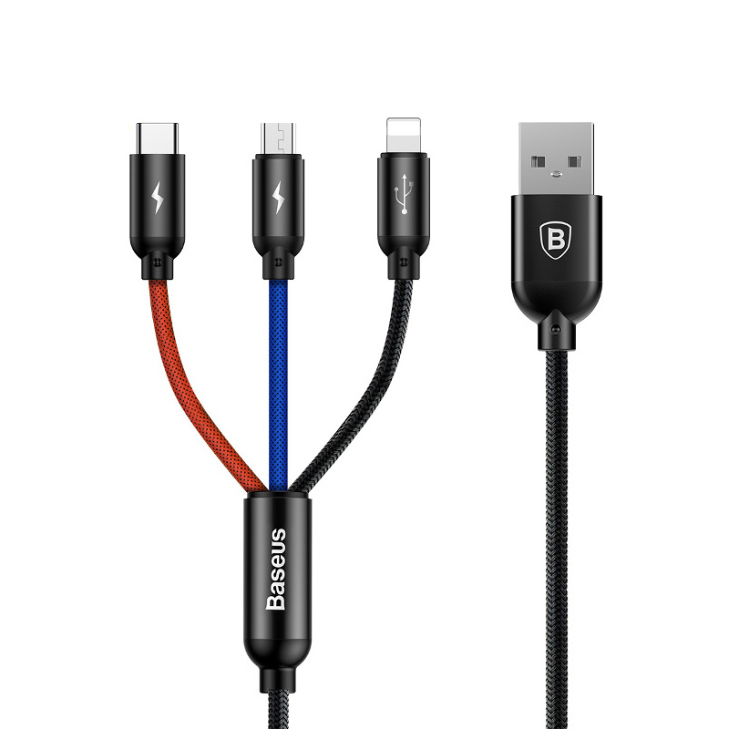 

Кабель USB - MicroUSB, Lightning, Type-C 1,2 м 3.5A плетеный Baseus Three colors черно-сине-красный