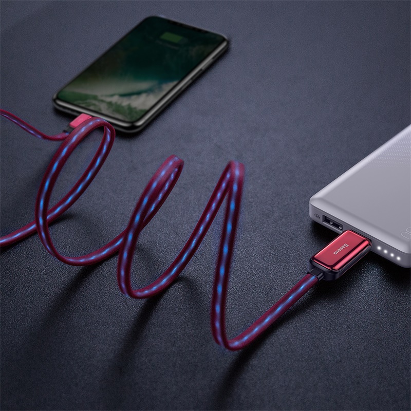 

Кабель USB - Lightning для зарядки iPhone 1 м 2.4А плоский с подсветкой Baseus Glowing красный