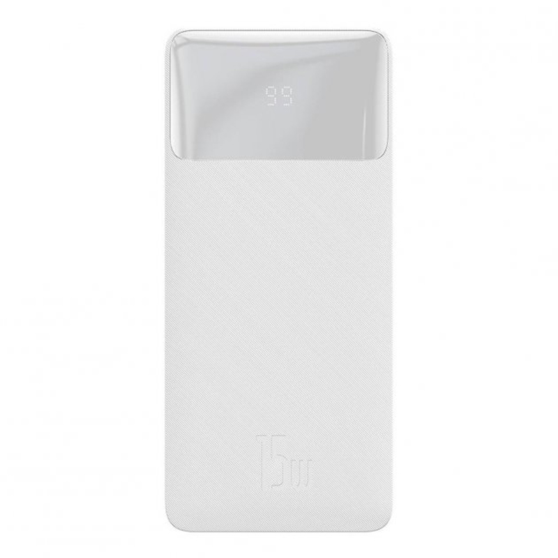 Внешний аккумулятор Baseus Bipow Digital с дисплеем 20000мАч (USB, Type-C, ток 3А, быстрая зарядка PD, QC 3.0, 15Вт) белый