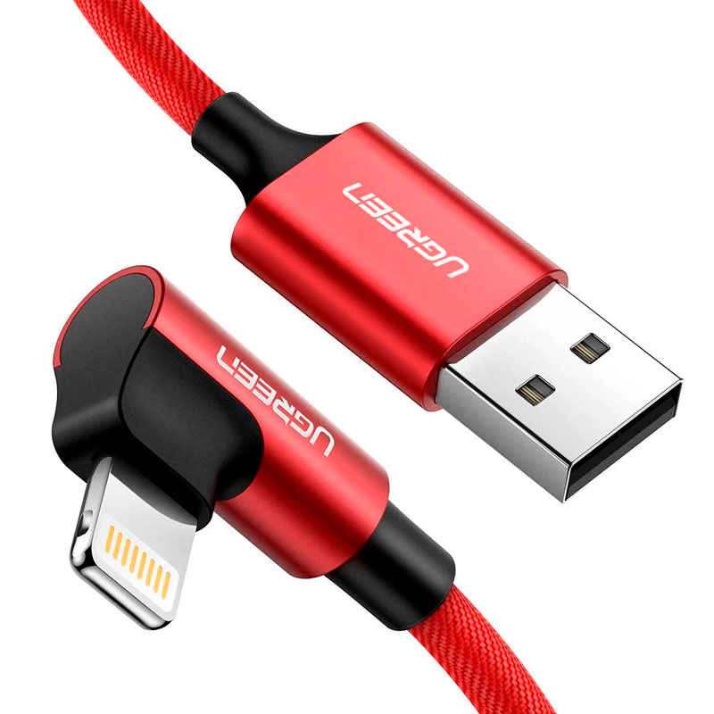 

Кабель USB - Lightning для зарядки iPhone 1 м 2.4А MFi с угловым Lightning плетеный Ugreen US299 красный