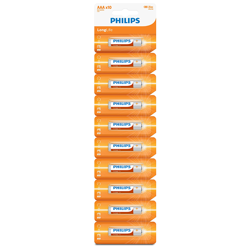 Батарейка LR03 (пальчиковая маленькая AAA) Philips Longlife Zinc R03L10S/97 упаковка 10 шт.