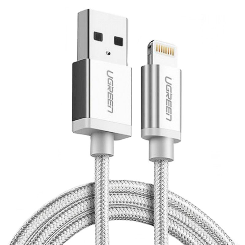 

Кабель USB - Lightning для зарядки iPhone 1.5 м 2.4А MFi плетеный Ugreen US199 серебристый