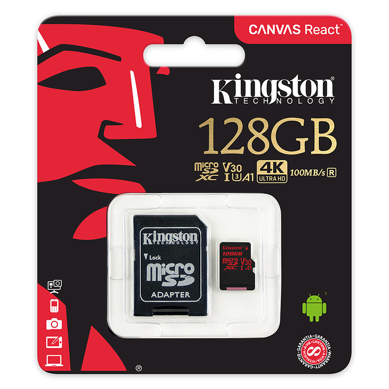 

Карта памяти Kingston Canvas React MicroSDXC 128Gb для 4К UHS-I U3 V30 100 Мб/с с адаптером SD