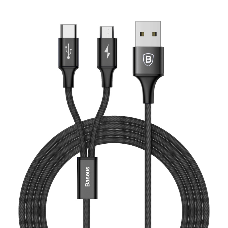 

Кабель USB - MicroUSB, Type-C 1,2 м 3A плетеный Baseus Rapid черный