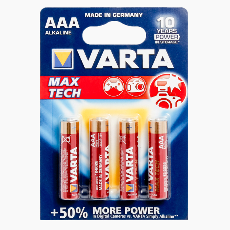 

Батарейка LR03 Alkaline (пальчиковая маленькая AAA) Varta Max Tech упаковка 4 шт.