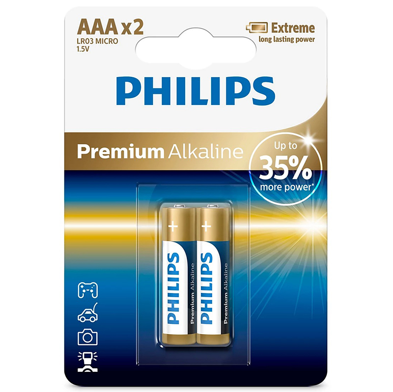 Батарейка LR03 (пальчиковая маленькая AAA) Philips Premium Alkaline LR03M2B/97 упаковка 2 шт.