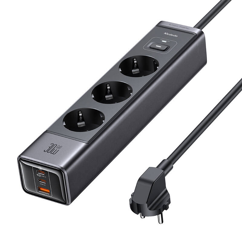 Сетевой фильтр на 3 розетки, 1 USB, 2 Type-C 30W GaN длина 1.5 м McDodo CH-0620 (быстрая зарядка QC, PD) черный
