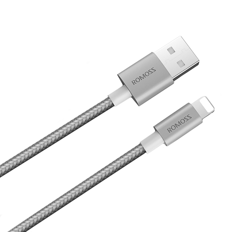 

Кабель USB - Lightning для зарядки iPhone 1 м 2.1A плетеный Romoss CB12n серебристый