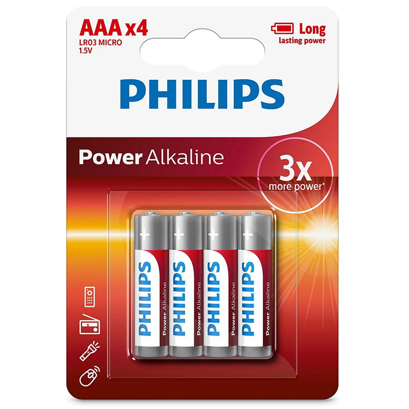 Батарейка LR03 (пальчиковая маленькая AAA) Philips Power Alkaline LR03P4B/97 упаковка 4 шт.