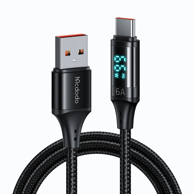 Кабель Type-C - USB 2.0 для зарядки 1,2 м 6А 66W с дисплеем плетеный McDodo CA-1080 (быстрая зарядка Huawei, QC, PD) черный