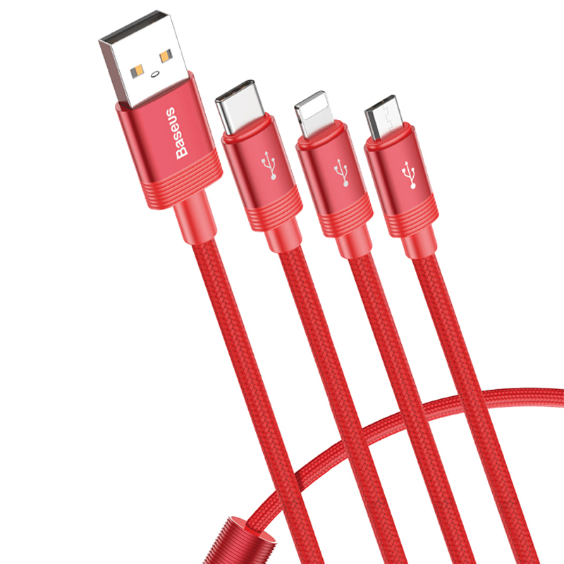 

Кабель USB - MicroUSB, Lightning, Type-C 1,2 м 3.5A плетеный Baseus Data Faction красный