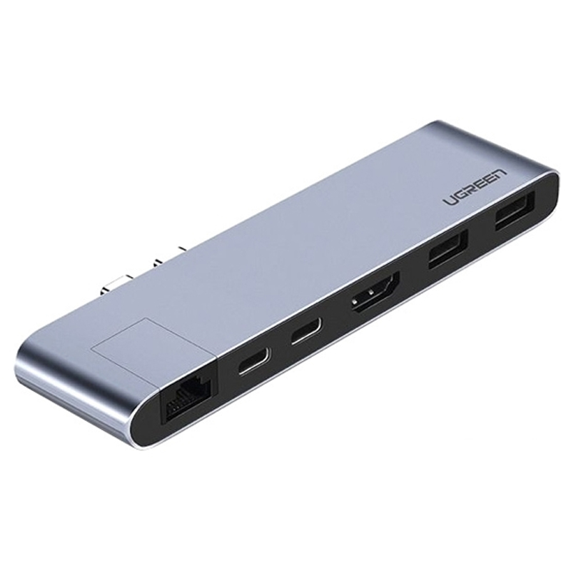 

Переходник Dual Type-C - HDMI 4K 60Hz, 2 х USB 3.0, Gigabit Ethernet, 2 х Type-C PD 100W Ugreen CM218 серый