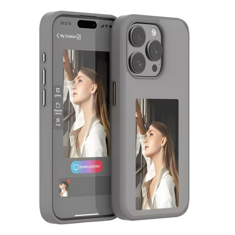 Чехол для iPhone 15 Pro гибридный DIY с NFC E-ink дисплеем серый