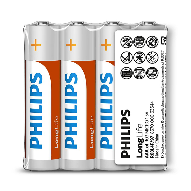 Батарейка LR03 (пальчиковая маленькая AAA) Philips Longlife Zinc R03L4F/97 упаковка 4 шт.