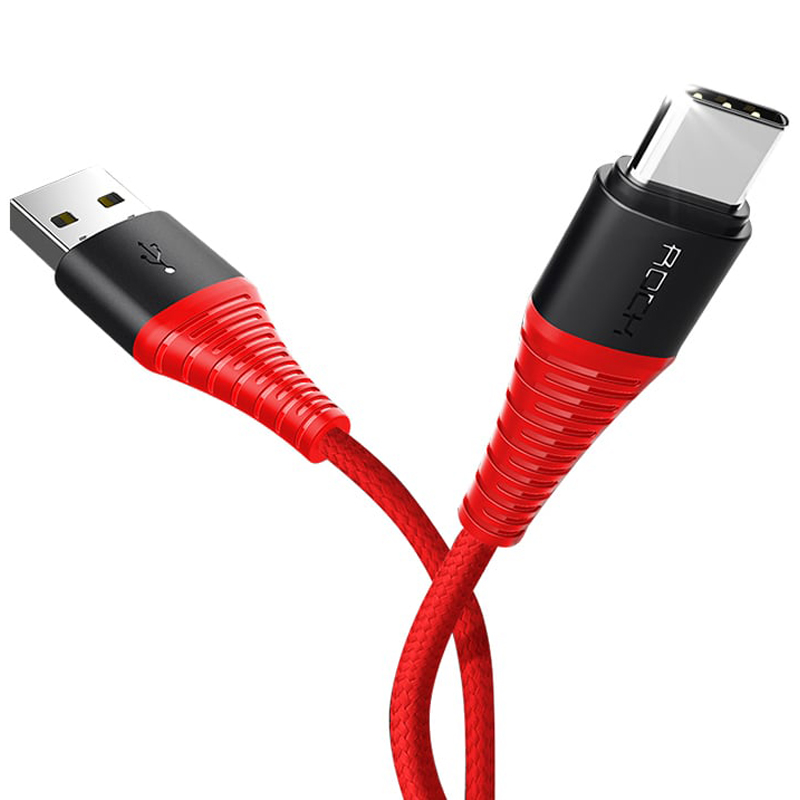 

Кабель Type-C - USB для зарядки длина 1 м 3A плетеный Rock Hi-Tensile (быстрая зарядка QC) красный