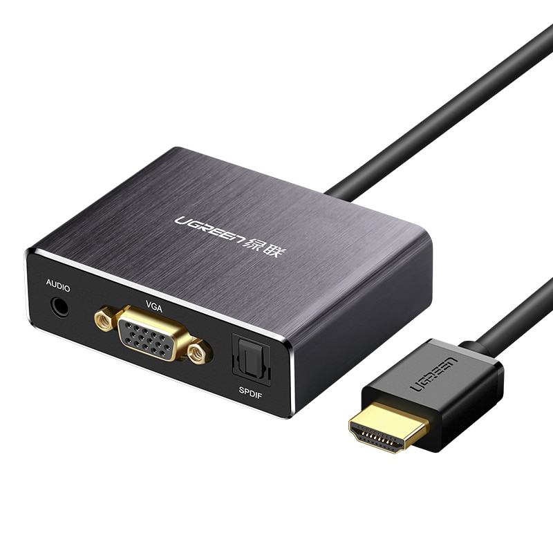 

Переходник (преобразователь) HDMI - VGA, 3,5 мм, SPDIF Toslink 5.1 (папа - мама) 50 см Ugreen 40282 с питанием MicroUSB черный