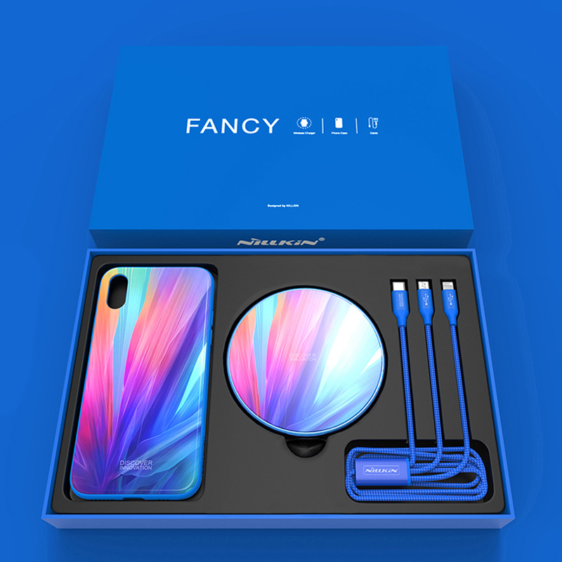 

Беспроводная зарядка (быстрая), чехол для iPhone XS Max и кабель 3-в-1 Nillkin Fancy Gift (подарочный комплект) синие