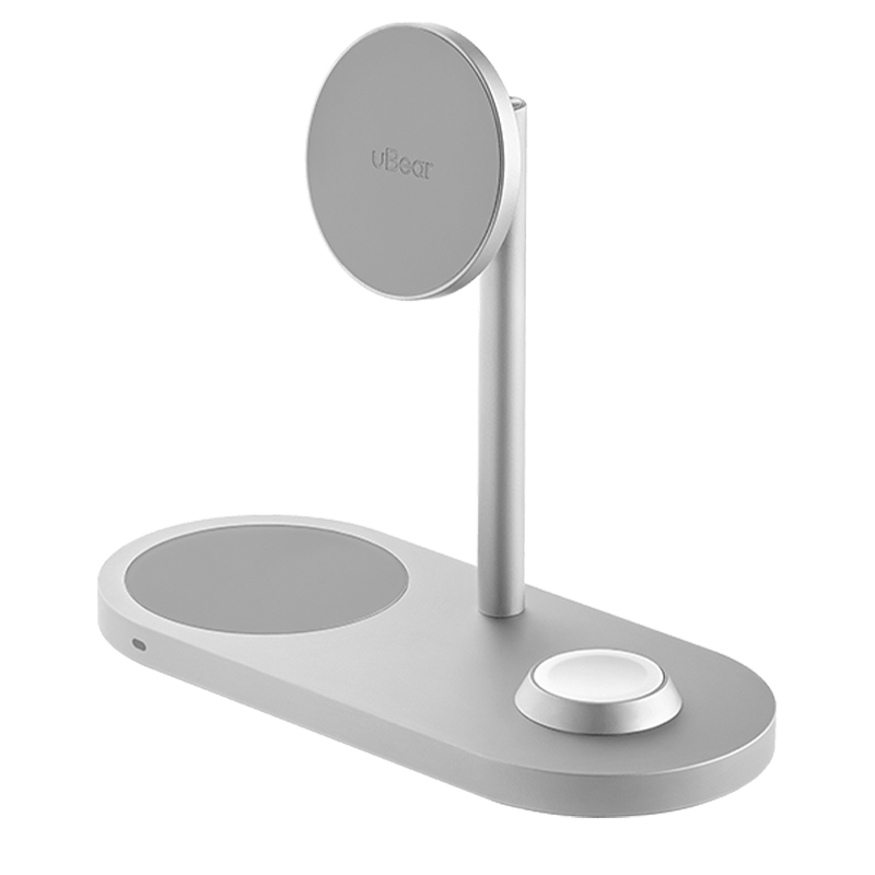 Беспроводная зарядка 3-в-1 MagSafe для iPhone, AppleWatch и AirPods 30W uBear Stage Pro серебристая