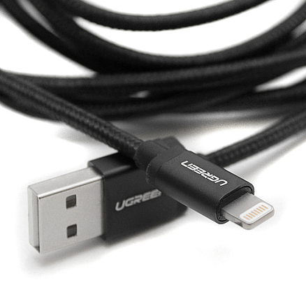 Кабель USB - Lightning для зарядки iPhone 2 м MFi плетеный Ugreen US199 (быстрая зарядка) черный