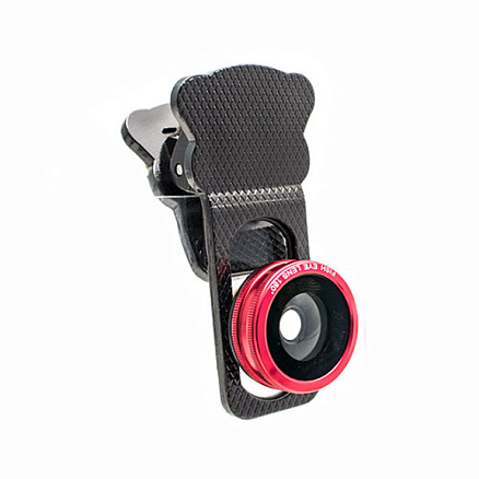 Объектив для телефона универсальный 4-в-1: Fisheye, Wide-Angle, Macro, Telephoto 10х на прищепке темно-серый