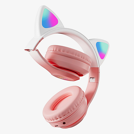 Наушники беспроводные Miru Cat EP-W10 полноразмерные с ушками и подсветкой розовые + портативная колонка Defender Enjoy S600 10W
