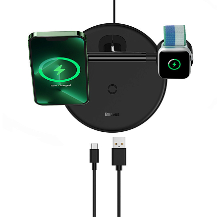 Беспроводная зарядка 3-в-1 для телефона, Apple Watch, наушников Baseus Swan (быстрая зарядка) черная