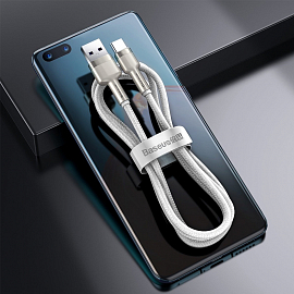 Кабель Type-C - USB для зарядки 2 м 5А 40W плетеный Baseus Cafule Metal Data (быстрая зарядка Huawei, QC) бело-серебристый