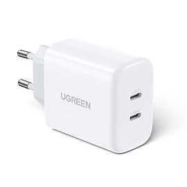 Зарядное устройство сетевое с двумя Type-C 40W 3А Ugreen CD243 (быстрая зарядка PD 3.0, QC 3.0) белое