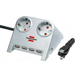 Сетевой фильтр настольный на 2 розетки 4 USB 2.1A длина 1,8 м Brennenstuhl Desktop-Power-Plus серебристый