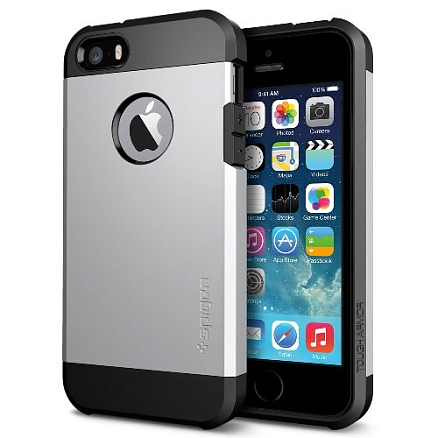 Чехол для iPhone 5, 5S, SE гибридный для экстремальной защиты Spigen SGP Tough Armor серебристый