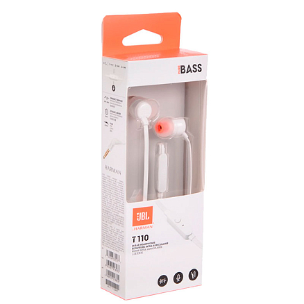 Наушники JBL Tune 110 вакуумные с микрофоном и плоским проводом белые