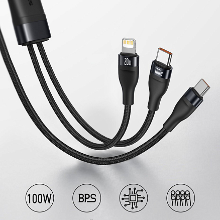 Кабель Type-C - Type-C 100W, Lightning 20W длина 1,2 м 5A 20V плетеный Baseus Flash (быстрая зарядка PD, QC 3.0) черный