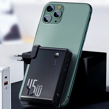 Зарядное устройство сетевое с USB и Type-C входами 5А 45W (быстрая зарядка QC 3.0, PD 3.0) + внешний аккумулятор 10000мАч Baseus GaN Power Station черное