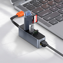 _дубль41987_USB 3.2 Gen.1 HUB (разветвитель) на 3 порта + Gigabit Ethernet Baseus Steel Cannon серый