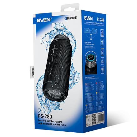 Портативная колонка Sven PS-280 с защитой от воды, подсветкой, FM-радио, USB и поддержкой MicroSD карт черная