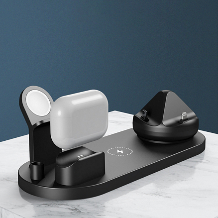 Беспроводная зарядка 7-в-1 для двух телефонов, Apple Watch, AirPods и Apple Pencil 10W c двумя USB портами SeenDa WS15 черная